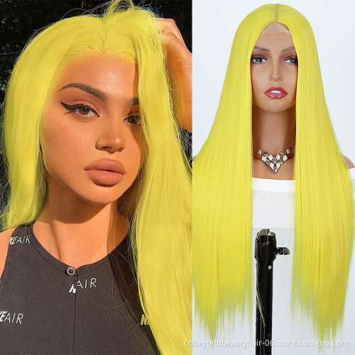 Highlights Blonde Wig Synthetic Long Straight Hair Middle Part Heat Resistant Full Cheap Synthetic Hair Wig With Lace Front